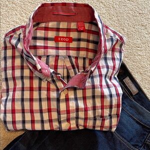 Izod Men's Red and Navy Checkered Shirt